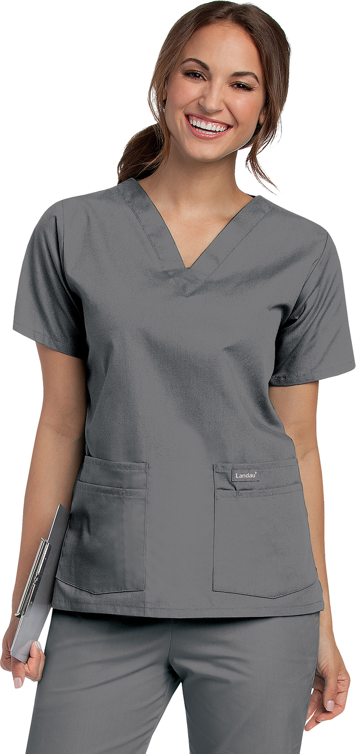 Essentials Women's 4-Pocket V-Neck Scrub Top Steel Grey